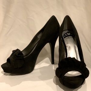 Black suede peep toe heels